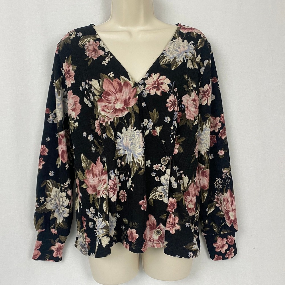 Vtg Lee Faux Wrap Top Womens XL Black Dark Floral 90s Cottagecore Romantic Y2K